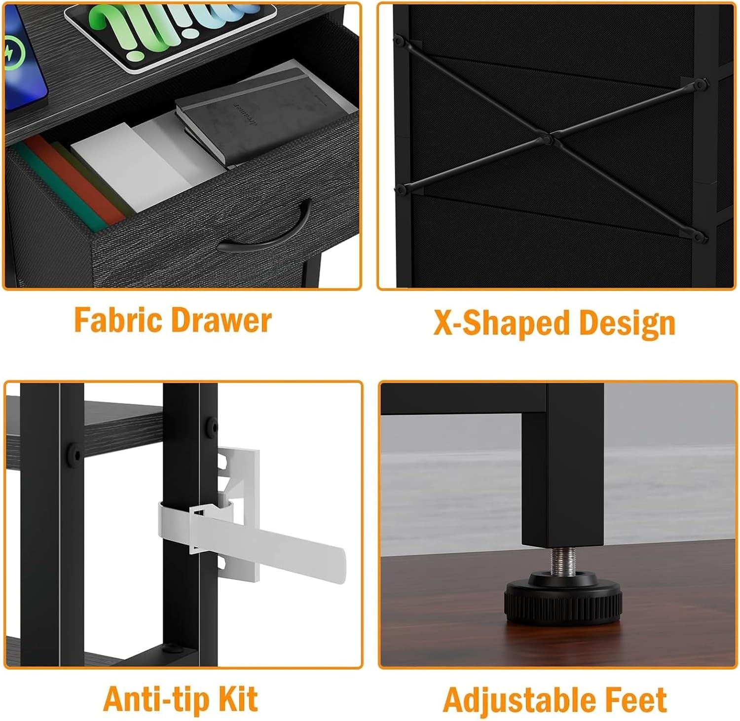 Tall Night Stand with 3 Fabric Drawers and LED Lights, Nightstand with Bookshelf, 45.3Inch Tall Bedside Tables with USB Ports in Bedroom, Dorm, Office,Metal Frame, Wood Shelves (Black Oak)