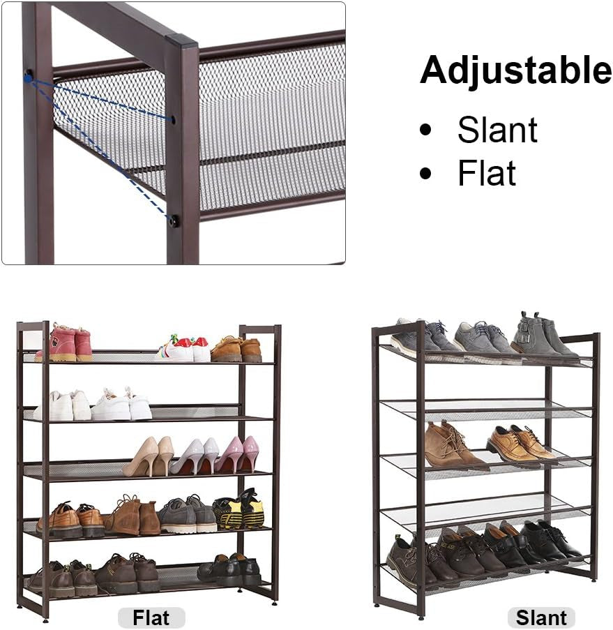 Shoe Rack, 5-Tier Shoe Organizer, Metal Shoe Storage for Garage, Stackable Shoe Shelf, with Adjustable Flat or Angled Shelves, 20-25 Pairs, Bronze ULMR05A