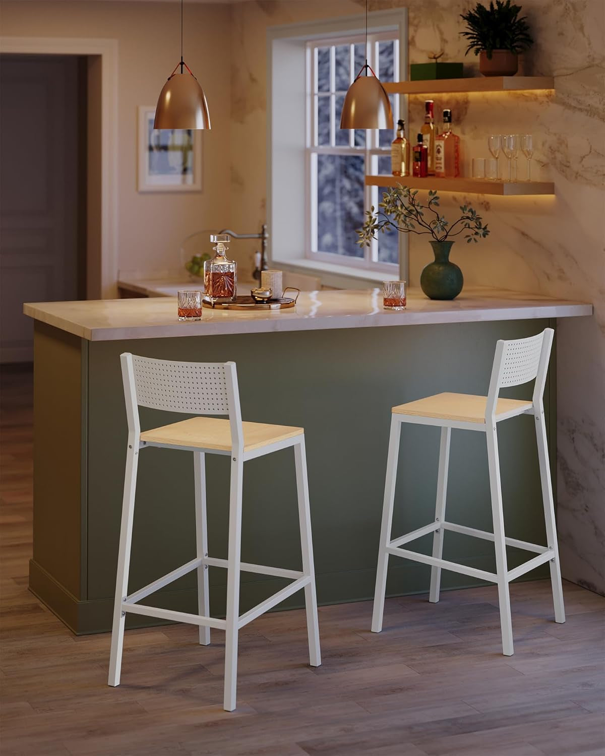 Bar Stool Set of 2, Bar Chairs for Kitchen, Dining Room, Industrial, Oak Beige and White ULBC070W09