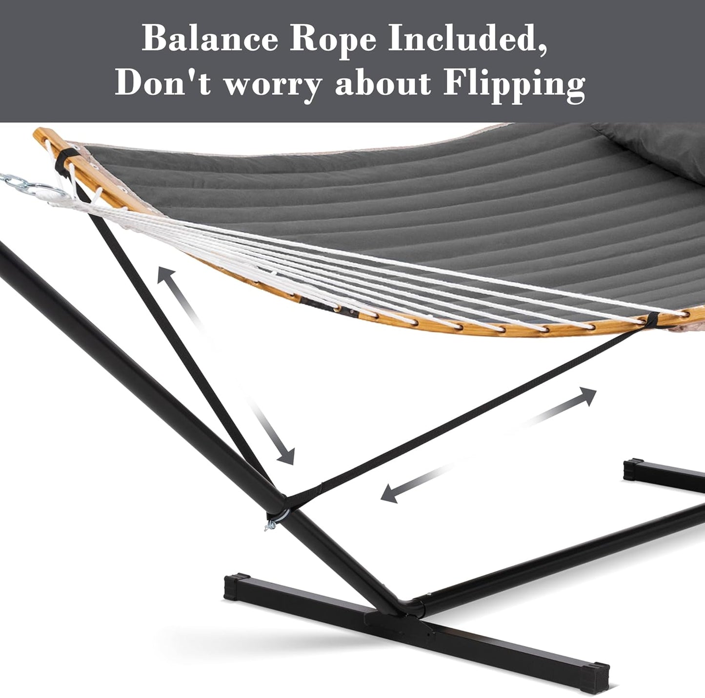 Double Portable Hammock with Stand, 2 Person Hammock with Curved Spreader Bar, Balance Ropes Included, Dark Gray