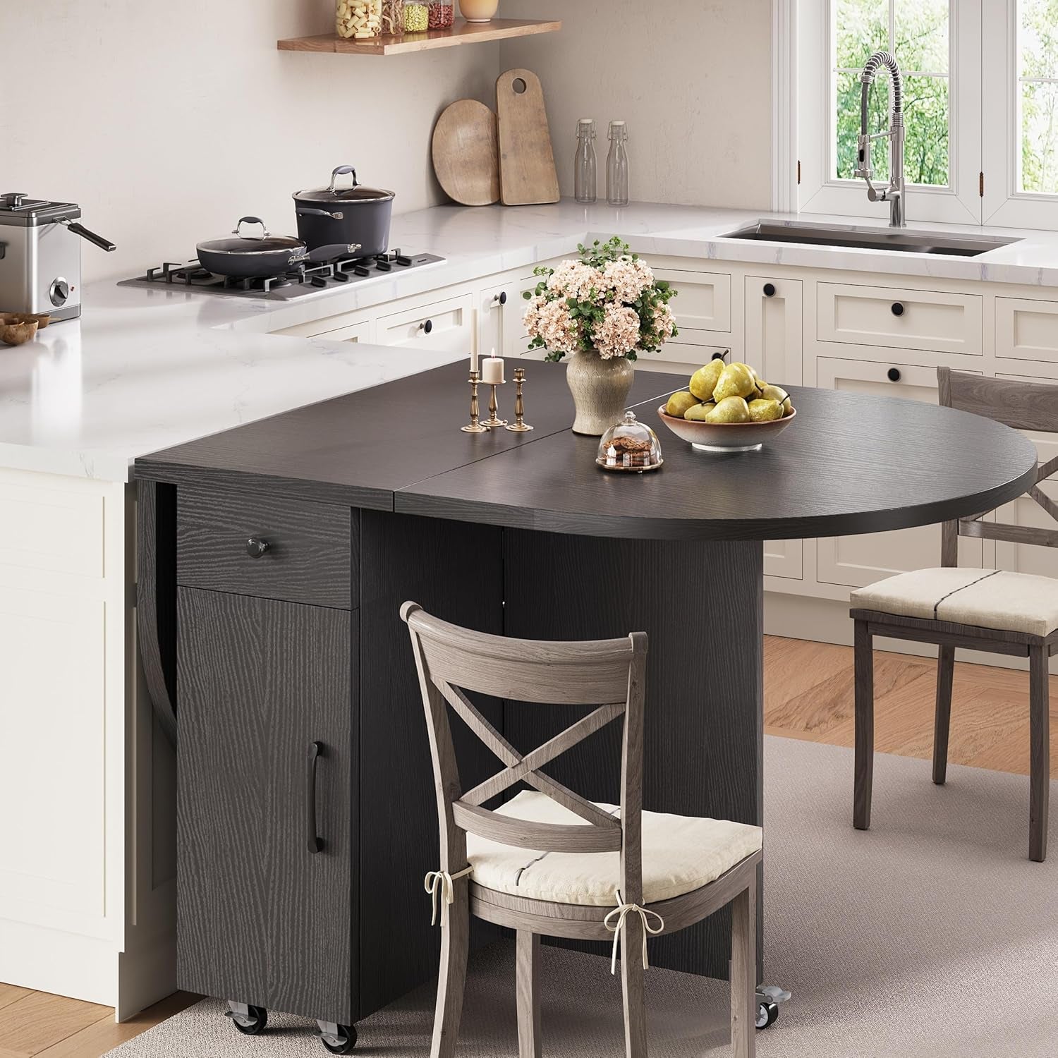 Folding Dining Table for 4 -Foldable Kitchen Dinner Drop Leaf Gateleg Convertible Tables with Storage Drawer and Shelf for Small Spaces Space Saving Kithen Dining Room Furniture (Black, 51*31.5*30)