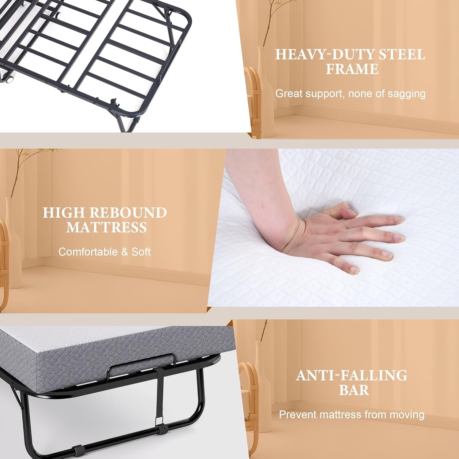 Folding Bed with Memory Foam Mattress, Portable Rollaway Guest Beds on Wheels, 75"X31" Twin Size Space-Saving Cot-Size Bed for Adults with Easy Assembly Metal Frame (White)