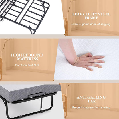 Folding Bed with Memory Foam Mattress, Portable Rollaway Guest Beds on Wheels, 75"X31" Twin Size Space-Saving Cot-Size Bed for Adults with Easy Assembly Metal Frame (White)