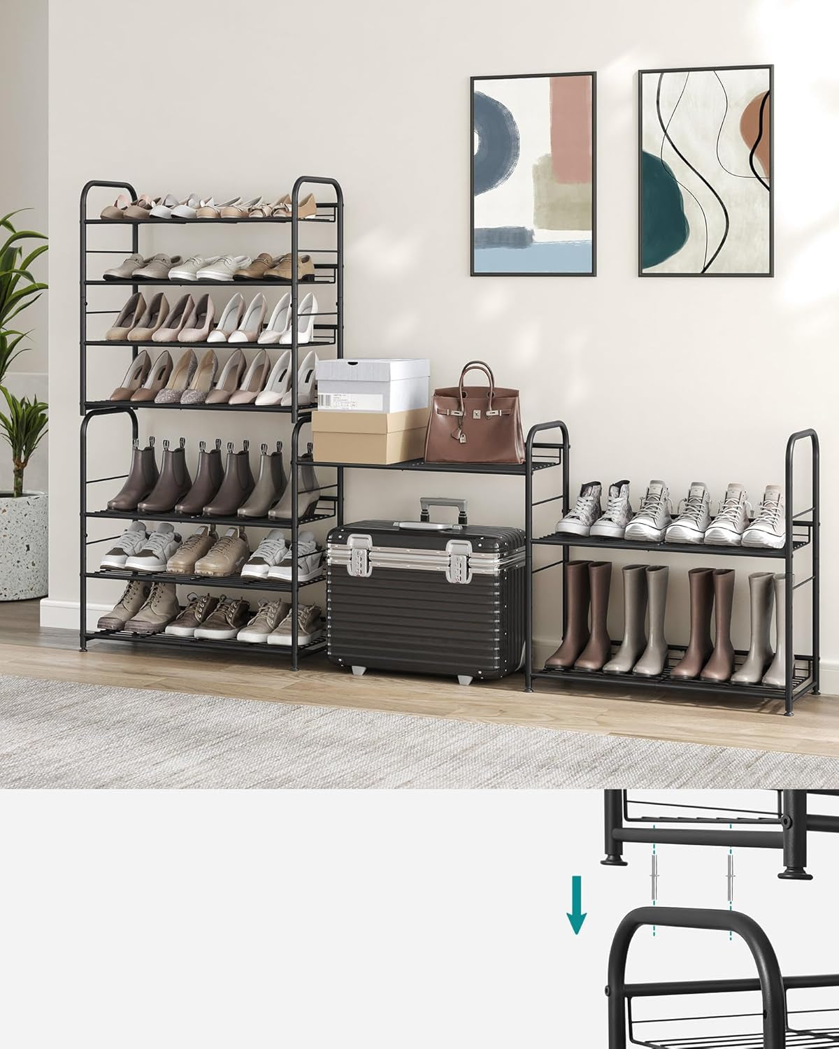 4 Tier Shoe Rack, Stackable Storage Rack, up to 16 Pairs, Metal, 68.5 X 27.5 X 65 Cm, for High Heels, Sneakers, Slippers, in Entrance, Black LMR067B01