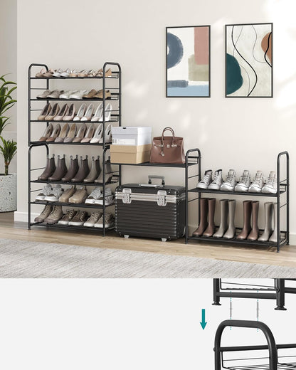 4 Tier Shoe Rack, Stackable Storage Rack, up to 16 Pairs, Metal, 68.5 X 27.5 X 65 Cm, for High Heels, Sneakers, Slippers, in Entrance, Black LMR067B01