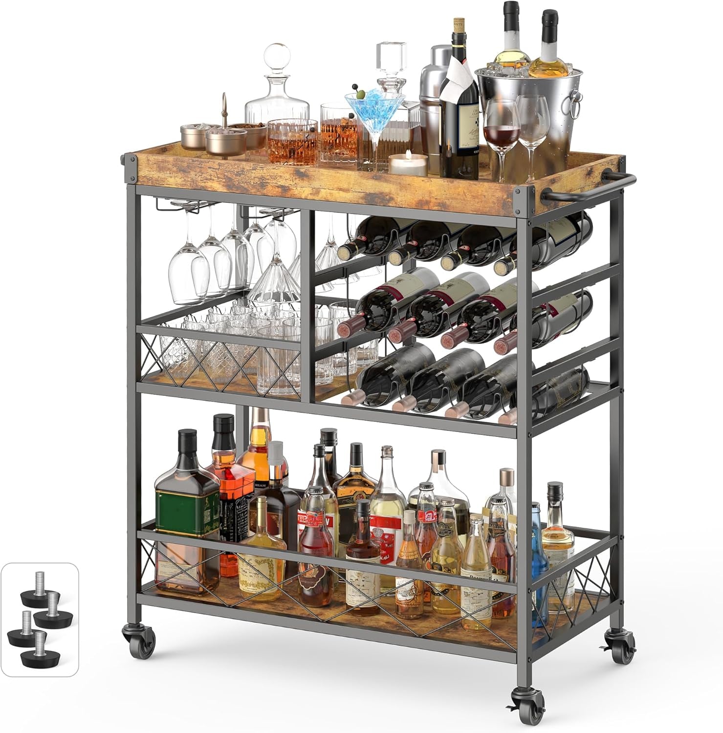 Bar Cart, 3 Tier Coffee Cart with Lockable Wheels, 12-Bottle Wine Rack, and Hanging Glass Holder, Kitchen Rack with Removable Tray, for Kitchen, Dining Room, Entertaining, Club Party,Retro