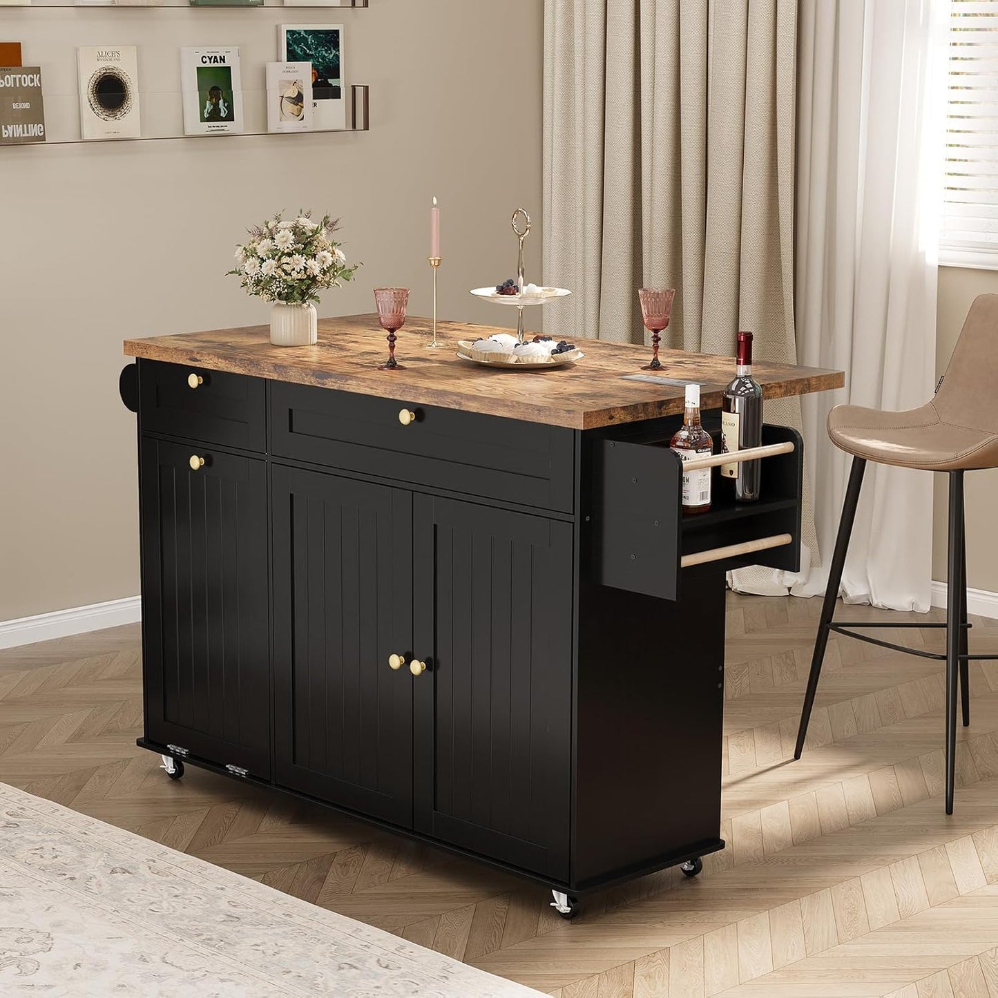 60" Rolling Large Kitchen Island on Wheels with Extendable Table, Drop Leaf & Power Outlet, Mobile Kitchen Cart with Storage Cabinet, 2 Drawers, Spice Rack, Towel & Knife Holder, Black