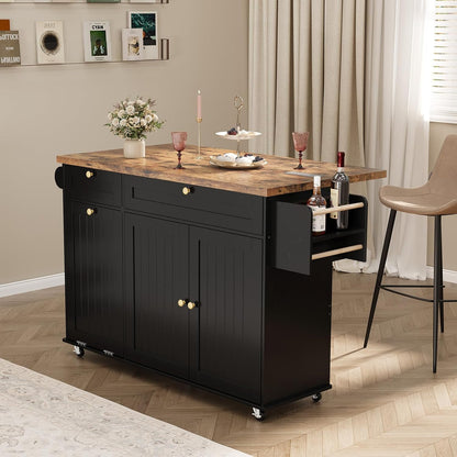 60" Rolling Large Kitchen Island on Wheels with Extendable Table, Drop Leaf & Power Outlet, Mobile Kitchen Cart with Storage Cabinet, 2 Drawers, Spice Rack, Towel & Knife Holder, Black