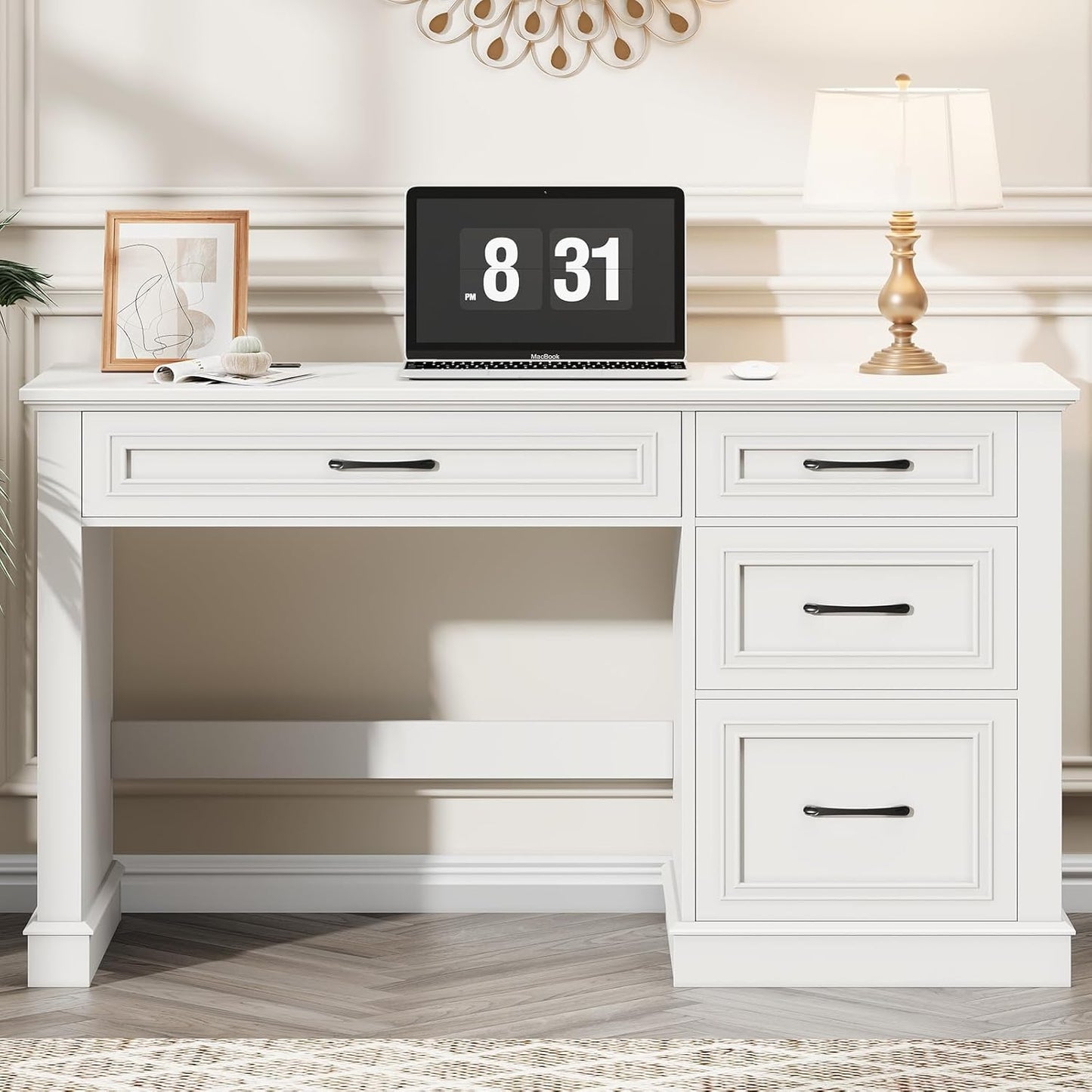 Farmhouse 47" Executive Desk, Computer Desk with Drawers and File Drawer, Workstation Computer Desk with Charging Station for Home Office,Study,（Cream White）