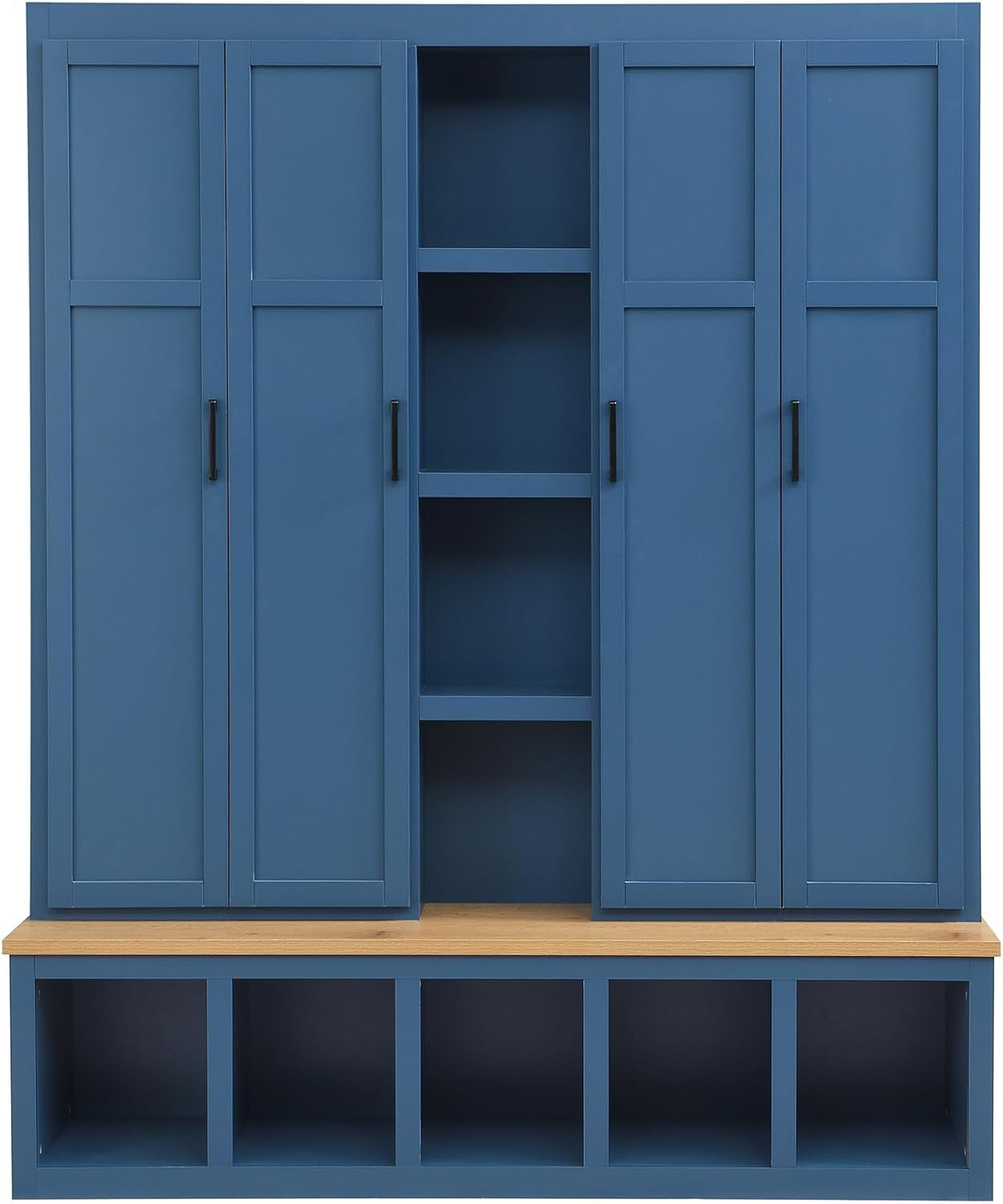 Modern Farmhouse Hall Tree with Bench, 4-In-1 Entryway Storage Cabinet & Shoe Organizer with Hooks, Blue