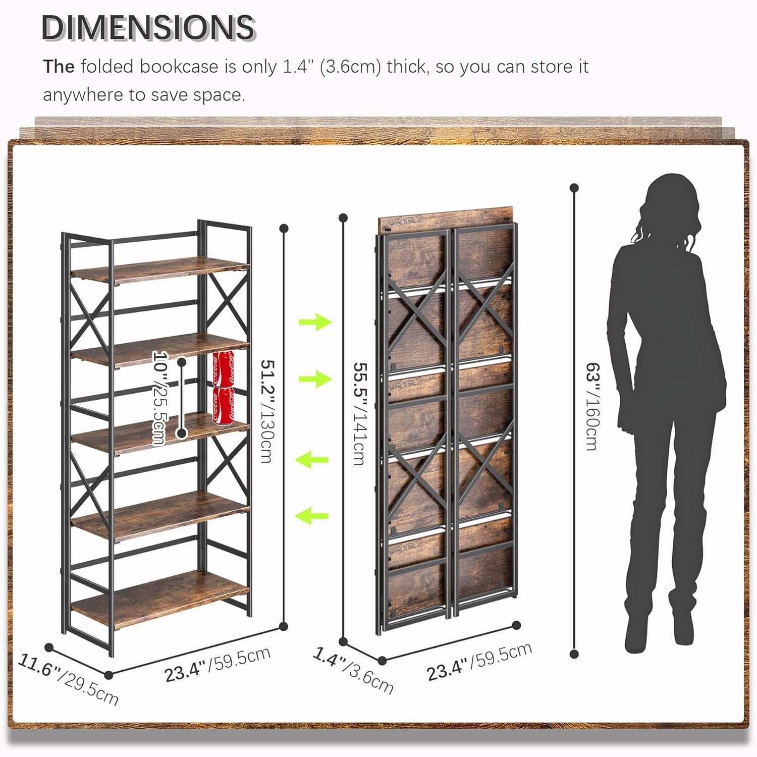 5 Tiers No Assembly Book Shelves, 51.2" H Folding Bookshelf Bookcase Open Industrial Foldable Shelves for Bedroom, Living Room, Home Office - Rustic Brown Black