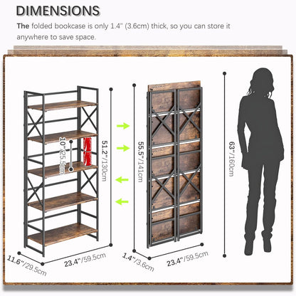 5 Tiers No Assembly Book Shelves, 51.2" H Folding Bookshelf Bookcase Open Industrial Foldable Shelves for Bedroom, Living Room, Home Office - Rustic Brown Black