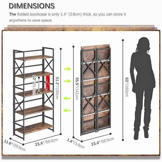 5 Tiers No Assembly Book Shelves, 51.2" H Folding Bookshelf Bookcase Open Industrial Foldable Shelves for Bedroom, Living Room, Home Office - Rustic Brown Black