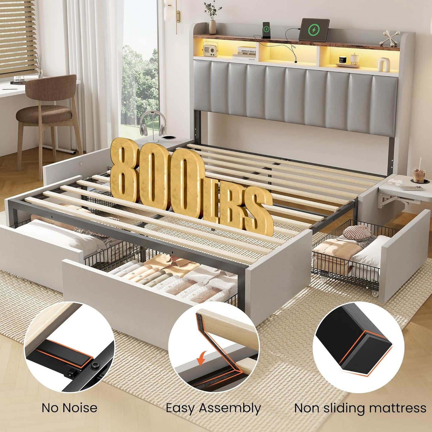 Queen Bed Frame with Headboard,4 Storage Drawers,And Built-In Adjustable Desk,Charging Station,Easy Assembly,No Box Spring Needed,Light Grey