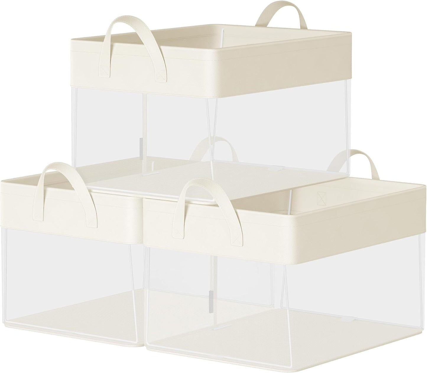 Closetorganizers Set of 3, Medium Fabric Storage Baskets, Foldable Organizer with Transparent Nylon Mesh, 15.7 X 11.8 X 9.8 Inches, Handles, for Bedroom, Living Room, Cream White URFB940W01