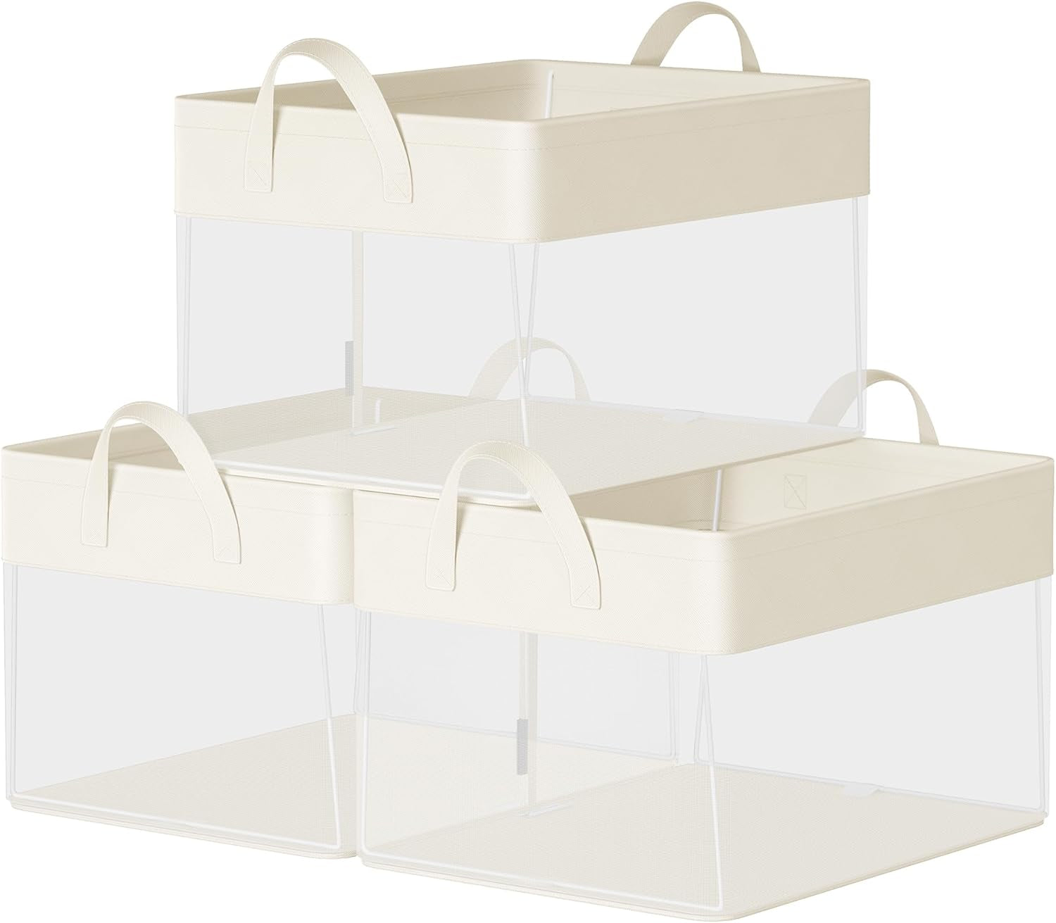 Closetorganizers Set of 3, Medium Fabric Storage Baskets, Foldable Organizer with Transparent Nylon Mesh, 15.7 X 11.8 X 9.8 Inches, Handles, for Bedroom, Living Room, Cream White URFB940W01