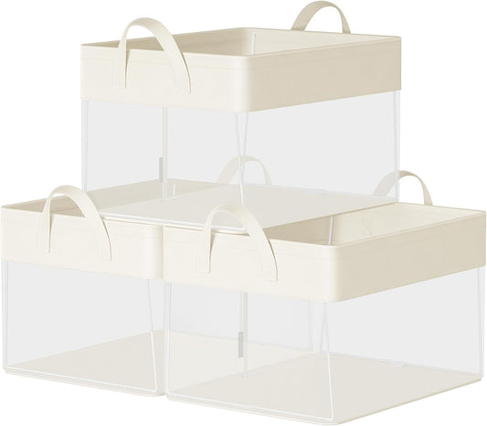 Closetorganizers Set of 3, Medium Fabric Storage Baskets, Foldable Organizer with Transparent Nylon Mesh, 15.7 X 11.8 X 9.8 Inches, Handles, for Bedroom, Living Room, Cream White URFB940W01