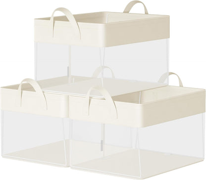 Closetorganizers Set of 3, Medium Fabric Storage Baskets, Foldable Organizer with Transparent Nylon Mesh, 15.7 X 11.8 X 9.8 Inches, Handles, for Bedroom, Living Room, Cream White URFB940W01