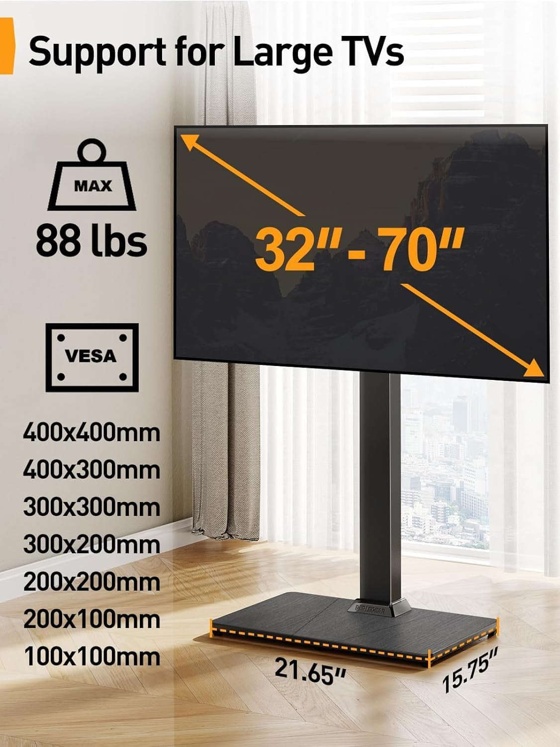 Floor TV Stand with Mount for 32-70 Inch Tvs up to 88Lbs, Floor Standing TV Stand with 9 Height Adjustment, TV Swivel Stand for Living Room with Wood Base, Max VESA 400X400Mm, PGFS09