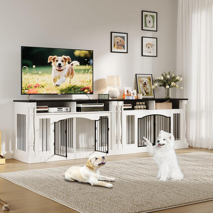 63" Large Dog Crate Furniture for Small & Medium Dogs, Roman Column Kennel Furniture with Semi-Open Storage, TV Stand Dog Cage Table, Heavy Duty Indoor Dog Kennel, White+Black Top