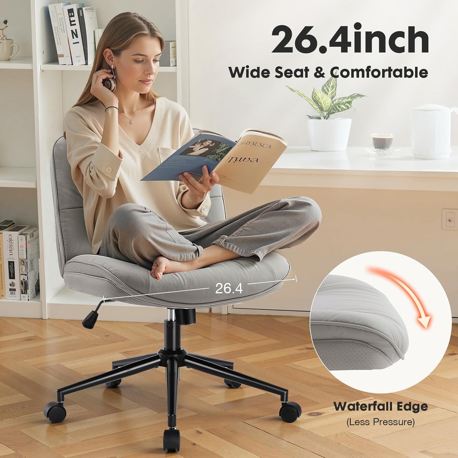 Criss Cross Armless Office Chair - PU Leather Adjustable Swivel Wide Seat with Thick Padding, Ergonomic Rolling Computer Desk Task Chair for Modern Vanity & Makeup with Wheels