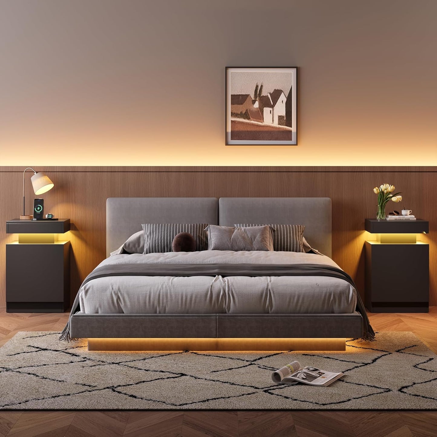 Nightstand Set of 2 with LED Lights,Night Stand with Storage Cabinet for Bedroom,Bedside Table with LED (Black, 15" / Set of 2)