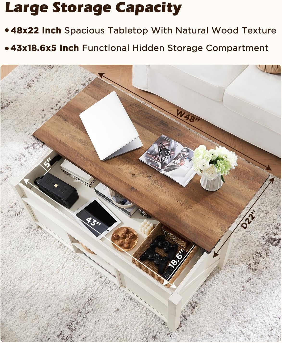 48" Farmhouse Lift Top Coffee Table with Sliding Barn Door,Rustic Center Table with Hidden Storage Compartment,Lifting Tabletop and Adjustable Shelf for Living Room,Office,Antique White