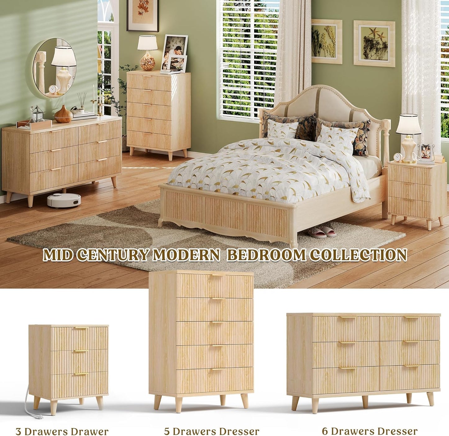 Wood 3 Drawers Dresser Fluted Night Stand with Charging Station, Storage Nightstand Modern Side Table, Bedside Table for Bedroom, Entryway Natural