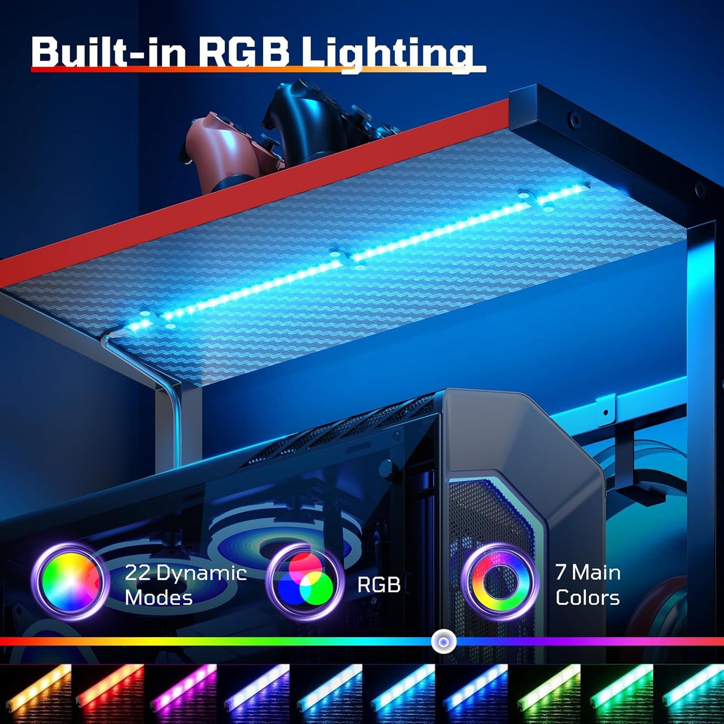 Gaming Desk with Drawer, 44 Inch Small Computer Desk with PC Shelf, Gaming Table with LED Lights for Small Spaces, Reversible Gamer Desk with Storage Bag & Side Hook, Black-Red