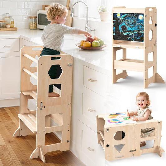 4-In-1 Toddler Kitchen Step Stool, Foldable Learning Standing Tower with Blackboard, Wooden Kitchen Stool Helper for Kids, 1-3 Year Old Boy Girl Gifts