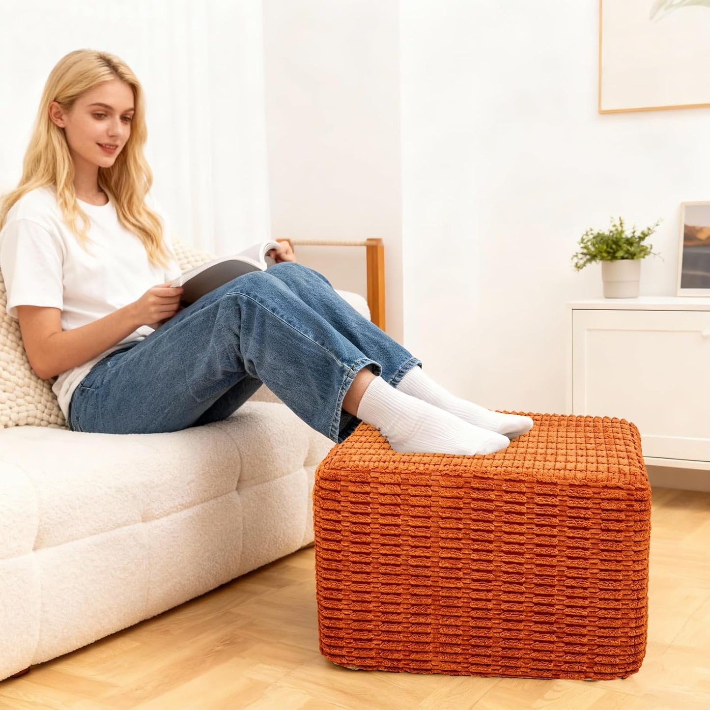 round Square Pouf Ottoman Foot Rest – Lightweight Modern Footstool with Plush Foam Filling, Perfect for Living Room Decor & Cozy Comfort – 20X20X14 Inch Chic Accent Piece (Burnt Orange)