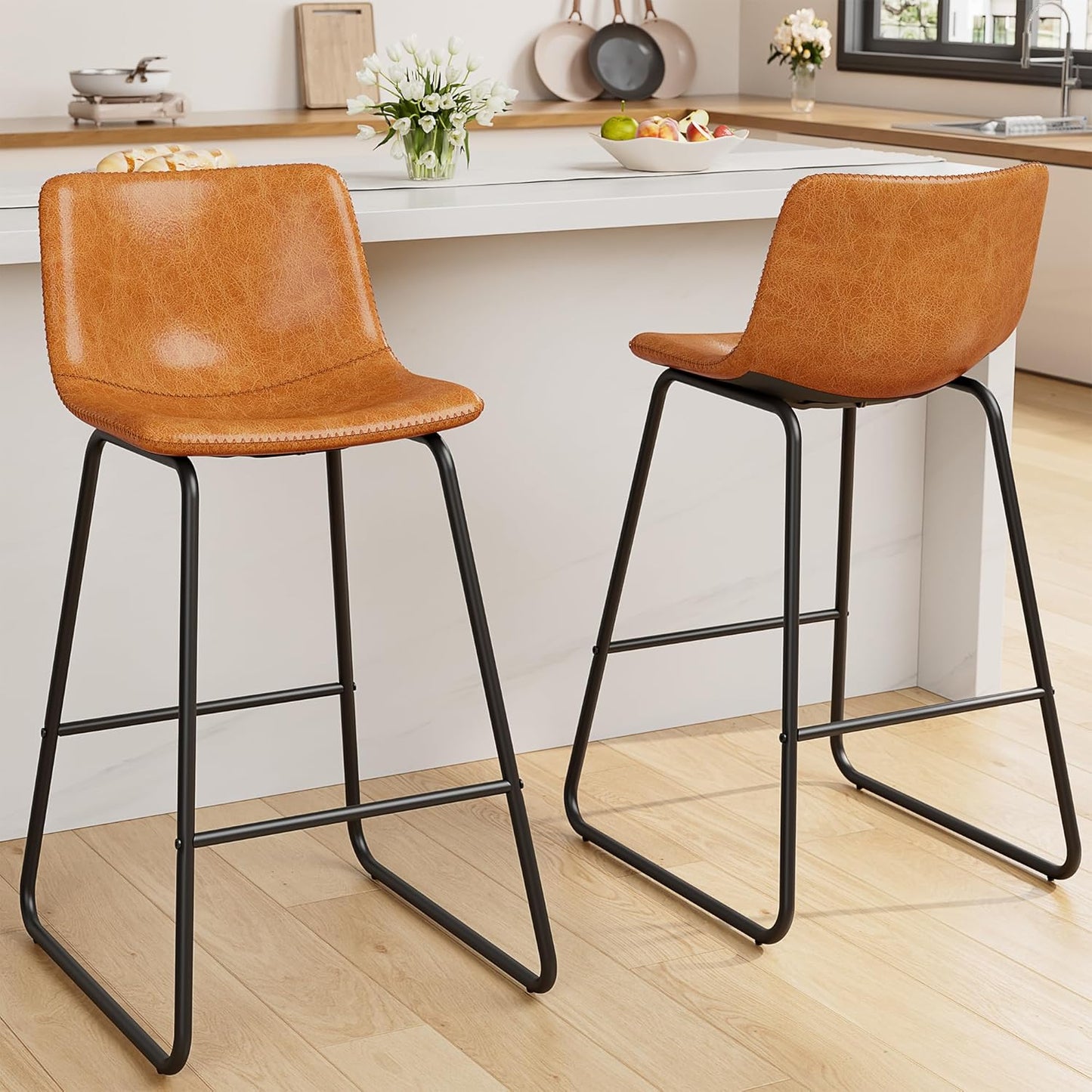 Bar Stools Set of 4, PU Leather Counter Height Bar Stools, 26" Modern Barstools with Metal Legs and Footrest, Urban Armless Dining Chairs with Backrest for Kitchen Island (Brown)