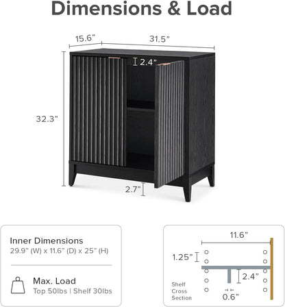 Brooklyn Storage Cabinet, Modern Farmhouse Entryway Accent Case, Buffet Sideboard, Console Table, Credenza, Wood Modular Organizer with Doors & Shelf, Fluted Panel Cupboard (Black, Single)