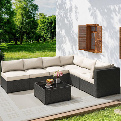 7 Piece Outdoor Patio Furniture Set, Outdoor Sectional Furniture, Rattan & Wicker Modern Modular Conversation Set Sofa Couch W/Water Resistant Washable Thick Cushions, Coffee/Beige
