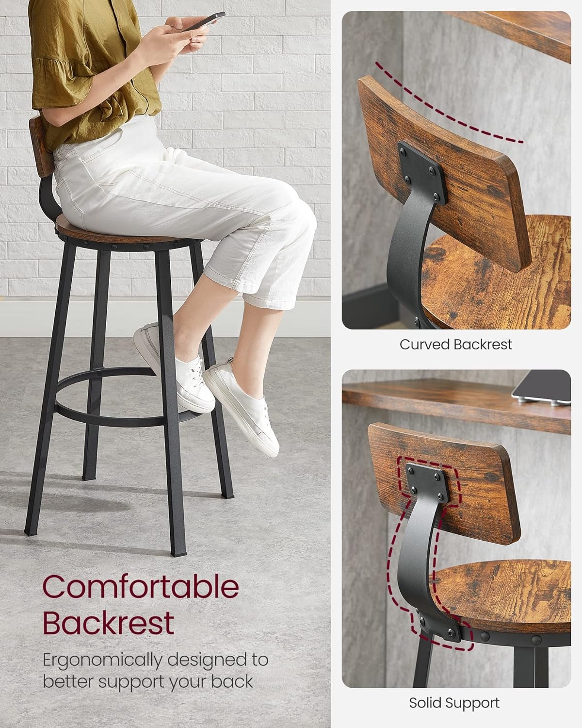 Bar Stools Set of 2, Bar Height Stools, 28.9 Inches Counter Barstools Chairs with Back for Dining Kitchen Island, Steel Frame, Industrial Style, Easy Assembly, Rustic Brown and Ink Black