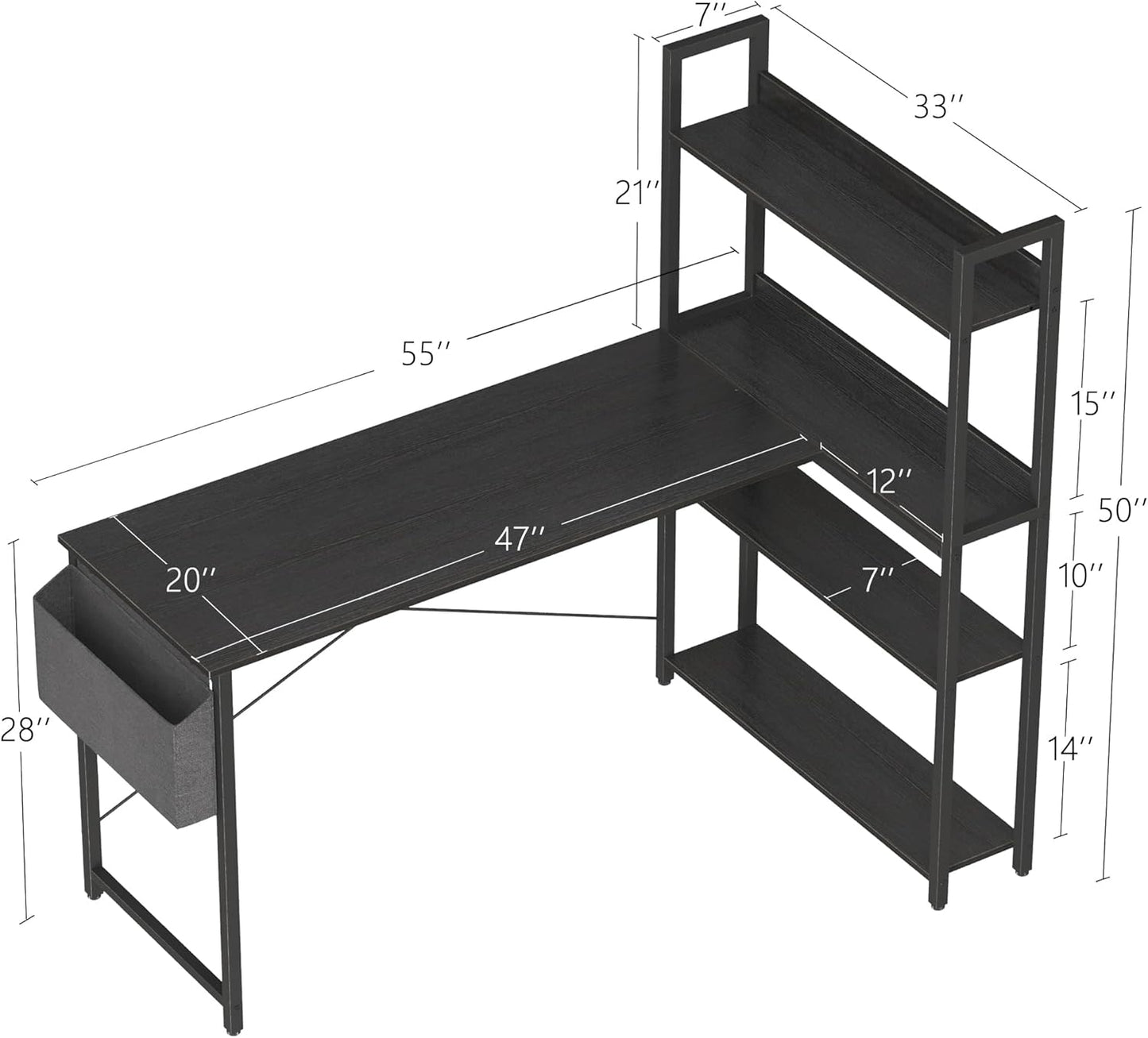 55 Inch Small L Shaped Desk, Corner Desk with Bookshelf, Home Office Desk, Writing Study Desk for Bedroom, Black