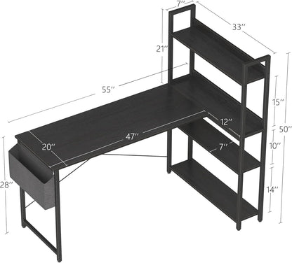 55 Inch Small L Shaped Desk, Corner Desk with Bookshelf, Home Office Desk, Writing Study Desk for Bedroom, Black