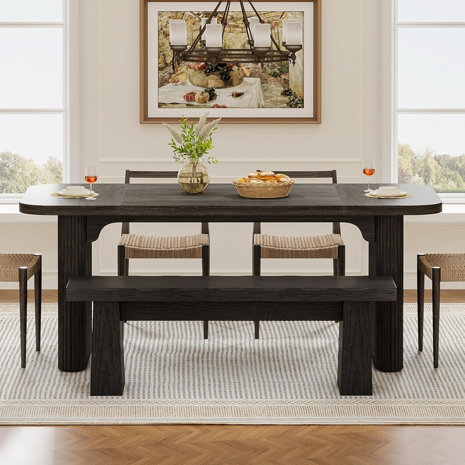 Wooden Dining Bench, 47-Inch Long Kitchen Bench with Sturdy Frame for Dining Room, Entryway, Living Room, Hallway, Easy Assembly (Black)