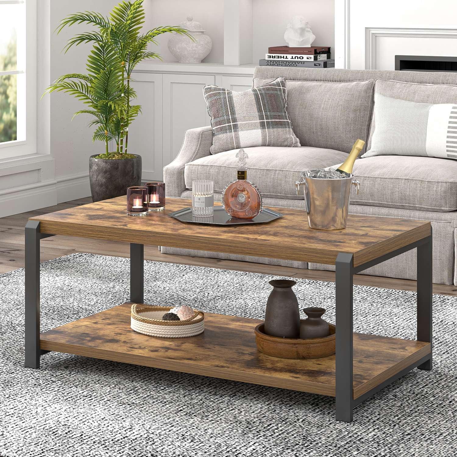 Modern Coffee Table, Industrial Wood and Metal Center Table, Cocktail Tea Tables for Living Room, Rustic Brown
