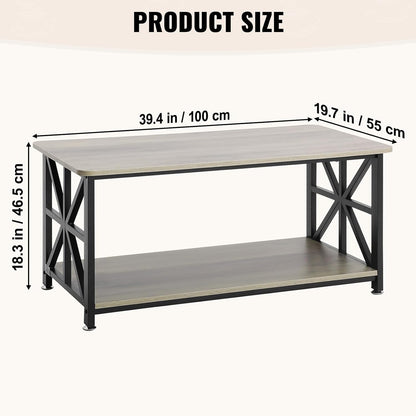 40" Farmhouse Coffee Table, Rectangle Coffee Table with Open Storage Compartment, Wooden Rustic Cocktail Table for Living Room, Bedroom, Apartment, Studio, Brown & Black