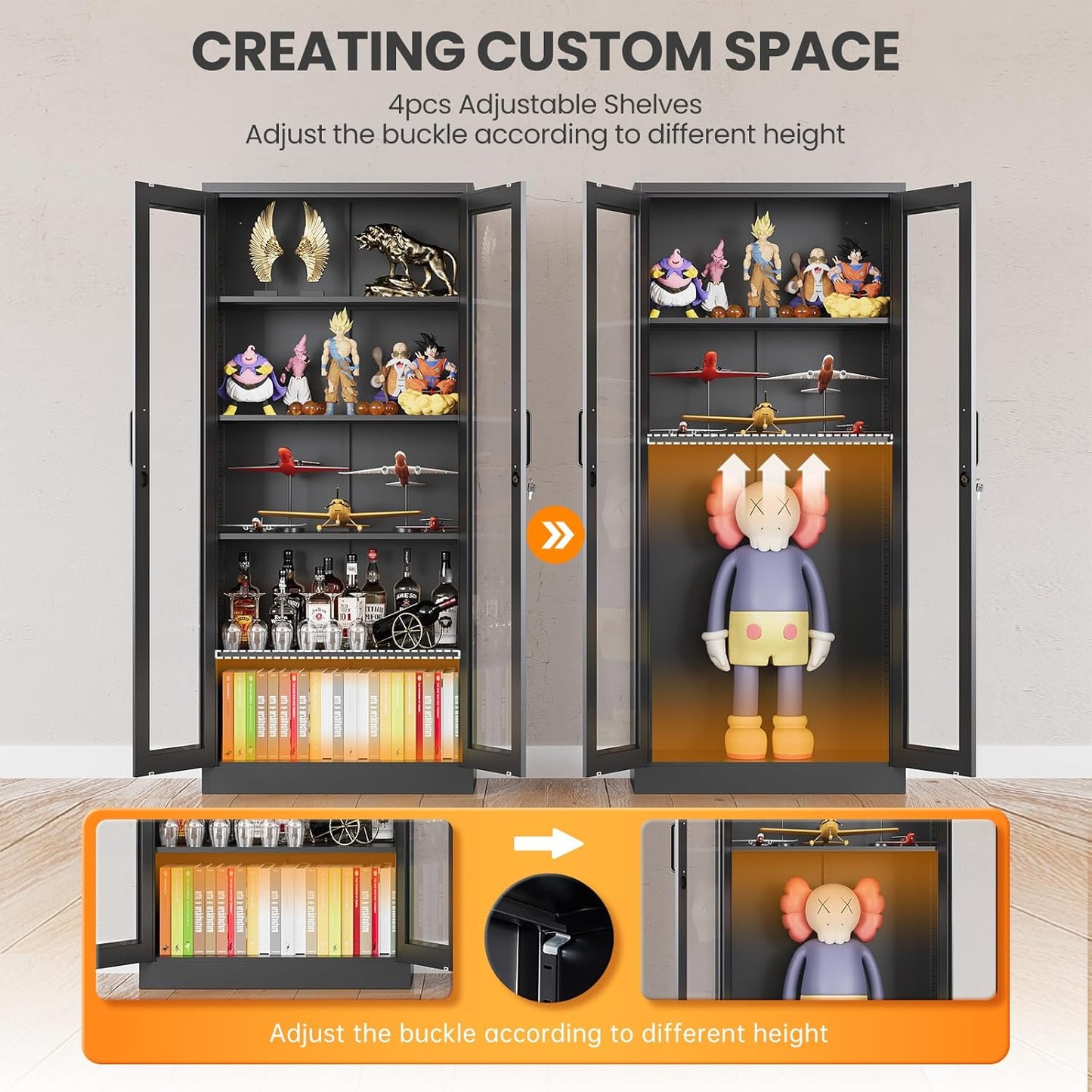 Glass Display Cabinet with Lock, 67”H Metal Curio Cabinets with Glass Door, Locking Liquor Caninet Display Case for Home, Collectibles, Clinic, Living Room - Assembly Required