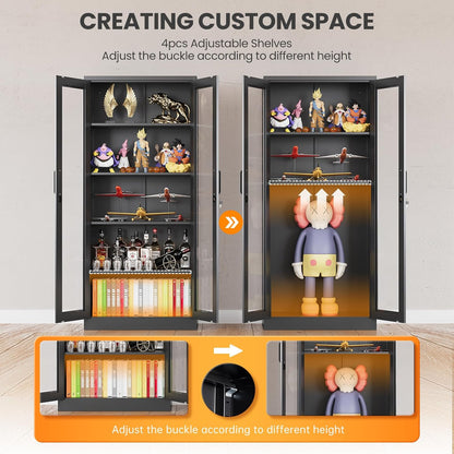 Glass Display Cabinet with Lock, 67”H Metal Curio Cabinets with Glass Door, Locking Liquor Caninet Display Case for Home, Collectibles, Clinic, Living Room - Assembly Required