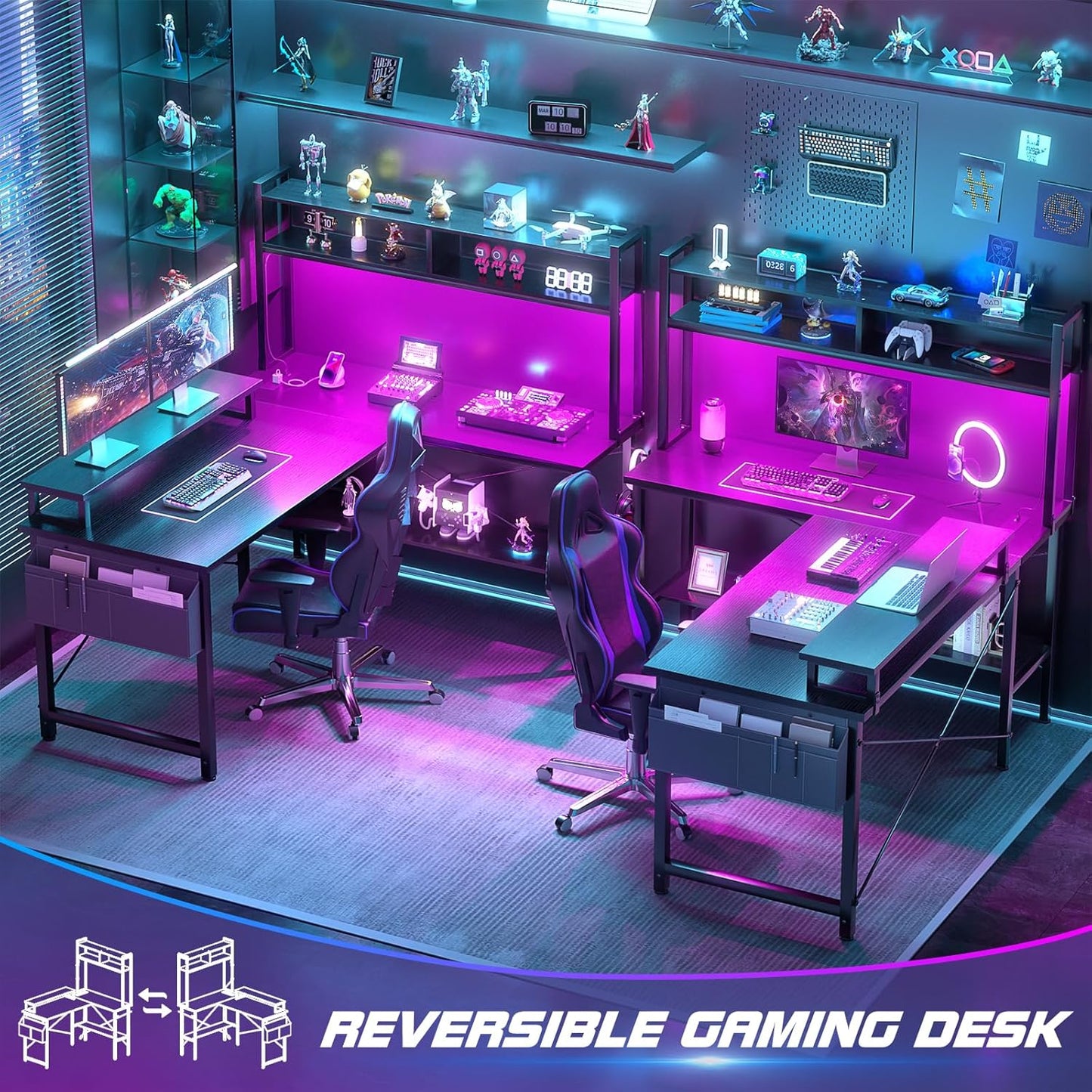 L Shaped Gaming Desk with Power Outlets & LED Lights, Small L- Shaped Desk Computer Corner Desk with Monitor Stand & Storage Shelf, Home Office Desk Writing Desk with Storage Bag, Black