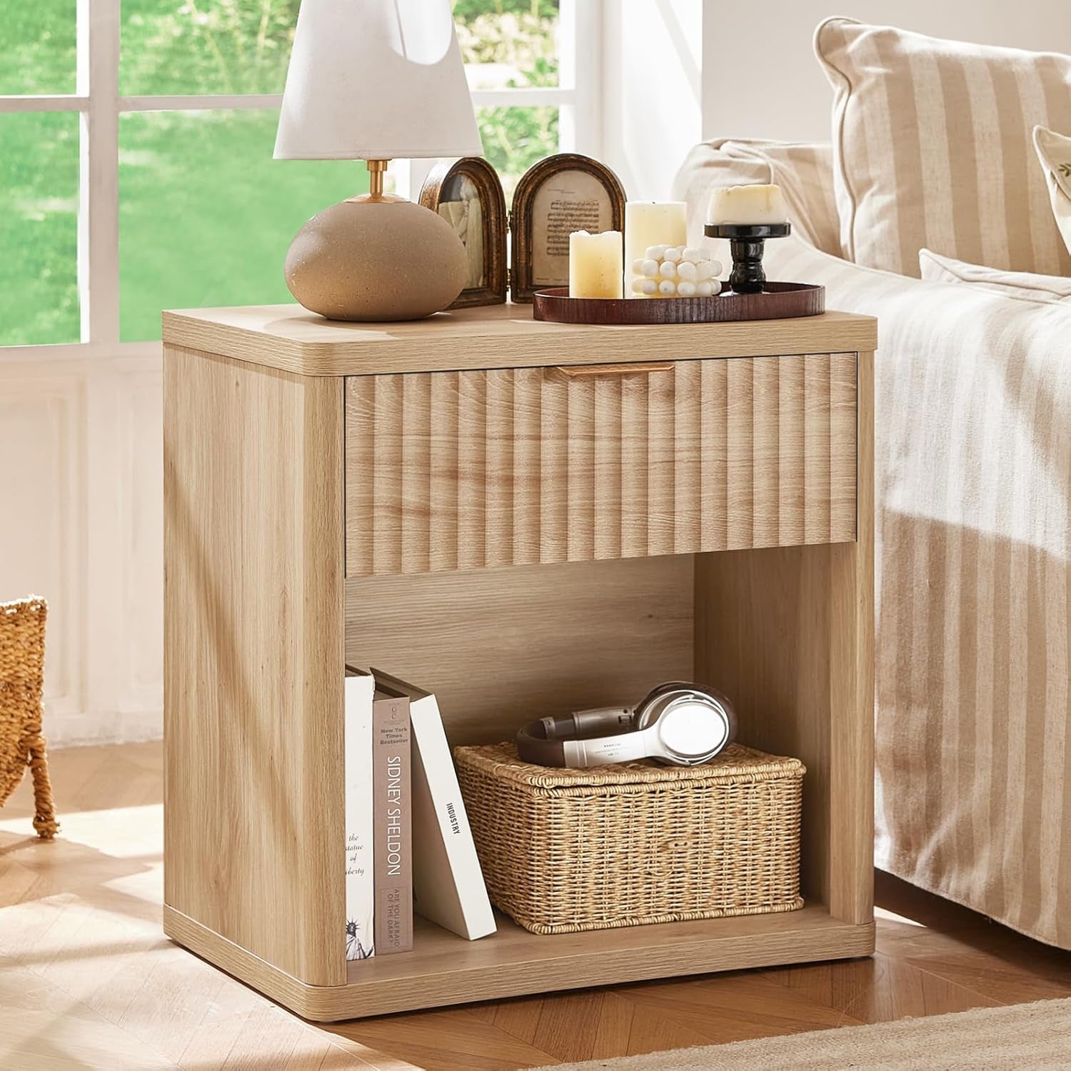 Fluted Farmhouse Nightstand Set of 2 with Charging Station, 23" Wide 1 Drawers End Table,Natural Dresser for Bedroom,Bed Side Table Chest of Drawers Cabinet,Wood Night Stand for Living Room