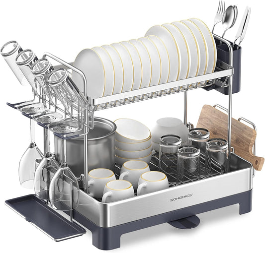 Dish Drying Rack - 2 Tier Dish Rack for Kitchen Counter with Rotatable and Extendable Drain Spout, Dish Drainer with Utensil, Cup, Glass, Cutting Board Holders, Silver and Gray UKCS032E01