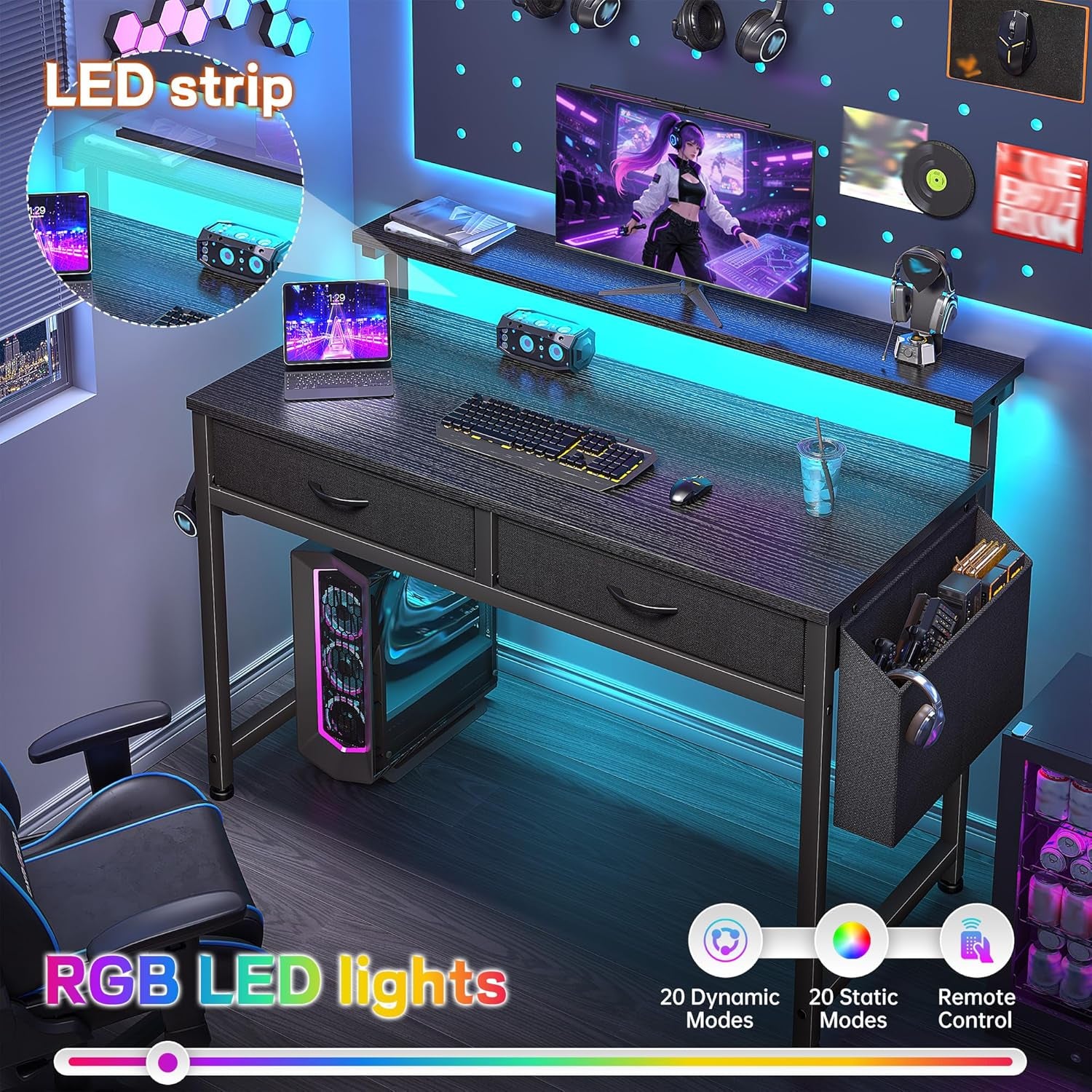 31.5Inch Office Computer Desk with LED Lights & 2 Fabric Drawers, Gaming Desk with Side Pocket & Ergonomic Monitor Stand, Small Space Study Writing Table with Anti-Tip Design,Black