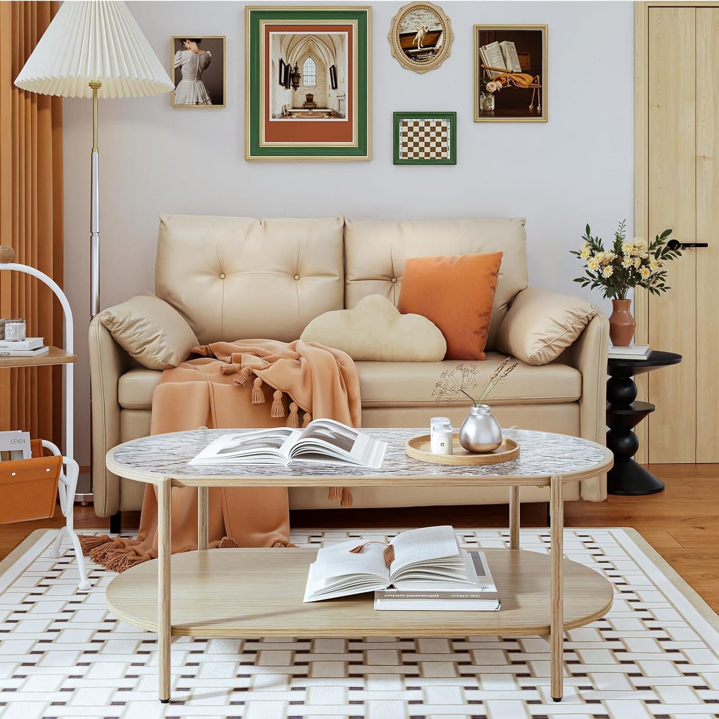 Glass Coffee Table, 44” Tea Dinner Table 2-Tier Oval Center Table Wave Pattern Tempered Glass Table Top with anti Slip Pads, for Living Room Office Cafe Reception Room Small Space Apartment