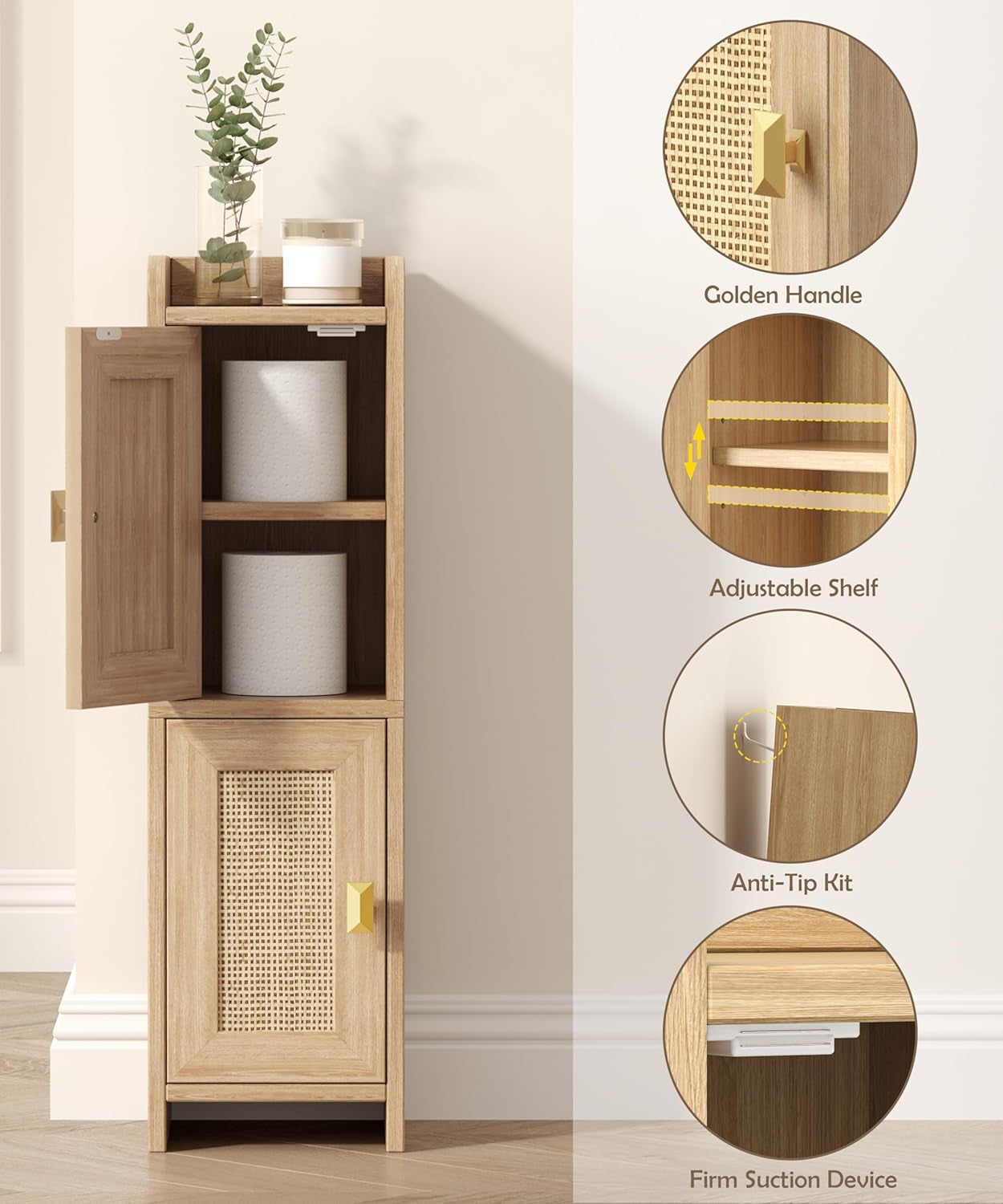 Rattan Small Bathroom Cabinet with 2 Doors, 7.9''D X 7.9''W Narrow Toilet Paper Storage Cabinet, Bathroom Organizer for Small Spaces, Wooden Slim Corner Unit with Adjustable Shelf, Natural Oak