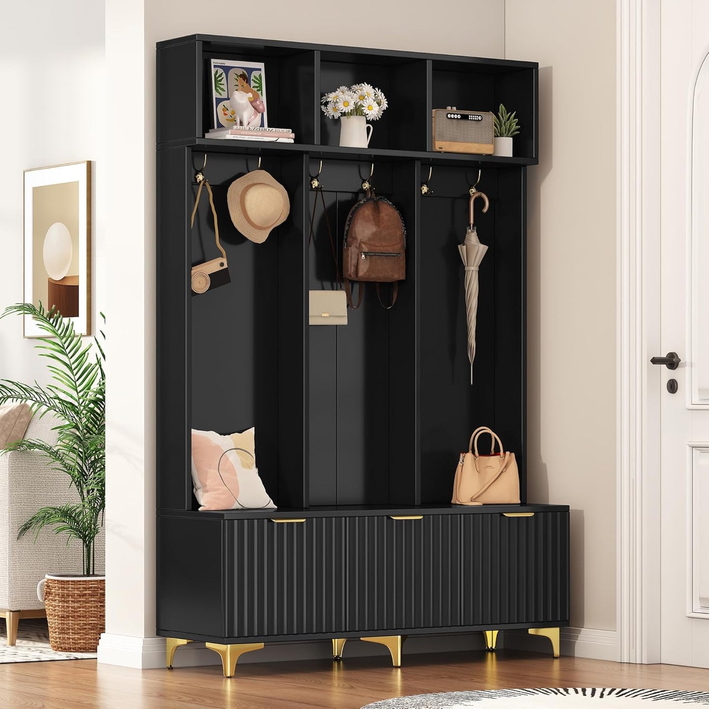 Modern Large Storage Hall Tree with Bench, Multi-Functional with High Gloss Fluted Doors, Coat Rack with 6 Gold Hooks for Entryway, Living Room, Black