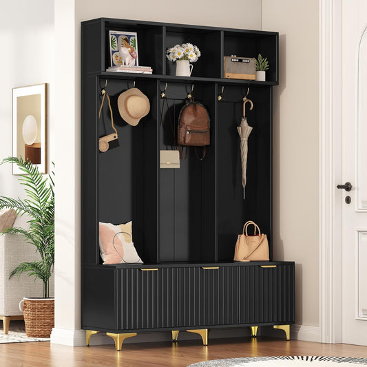Modern Large Storage Hall Tree with Bench, Multi-Functional with High Gloss Fluted Doors, Coat Rack with 6 Gold Hooks for Entryway, Living Room, Black